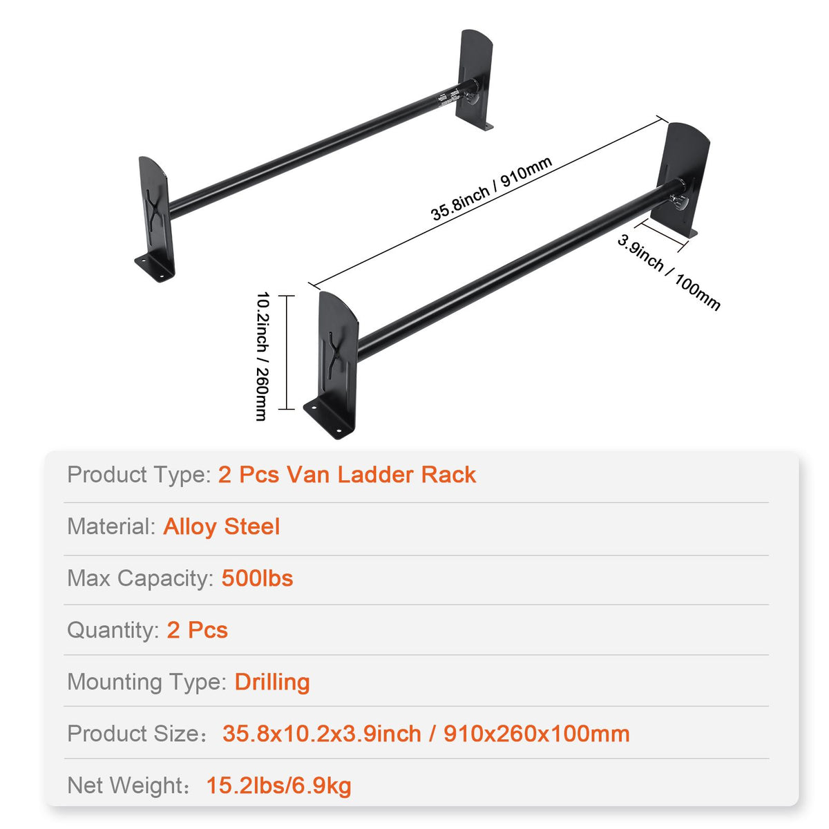2 Bars Van Roof Ladder Rack 500 LBS Adjustable 35.8" to 57.5" Alloy Steel