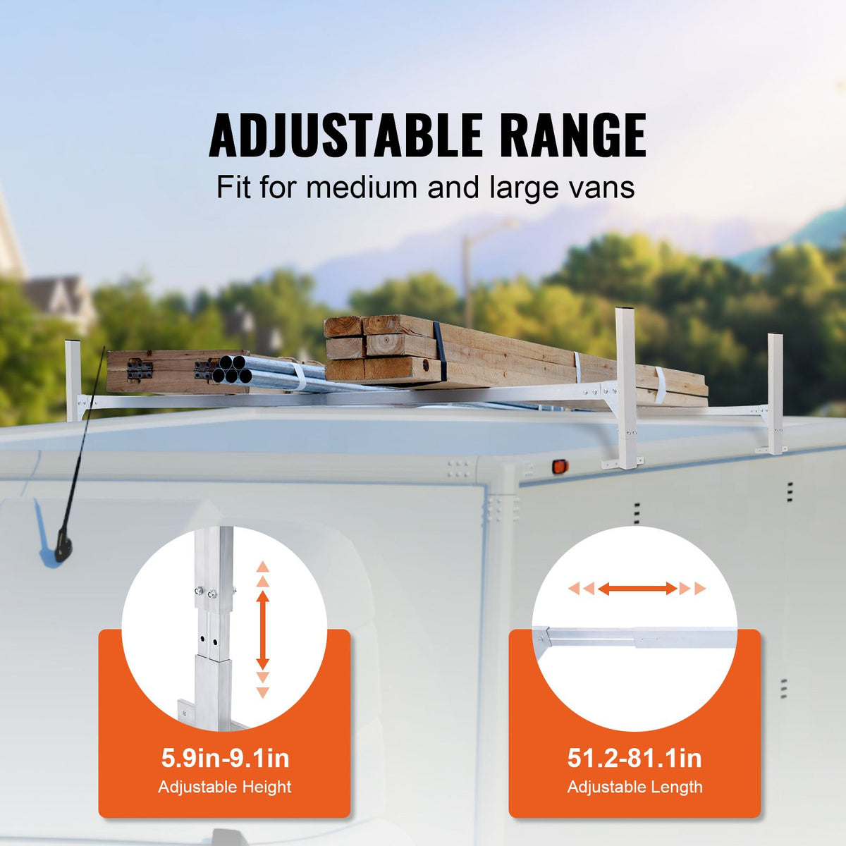 Van Roof Ladder Rack, 2 Bars Aluminum Alloy Roof Ladder Racks, 181 kg Capacity Rain-Gutter Van Roof Rack, Adjustable Length 1300-2060 mm, Van Ladder Rack for Van, Cargo, Trailer