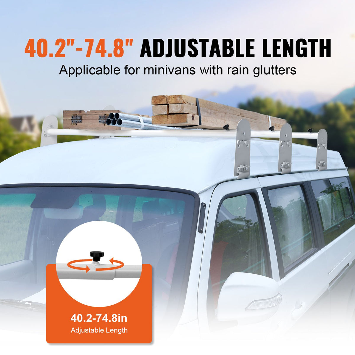 Van Roof Ladder Rack, 3 Bars Alloy Steel Roof Racks, 750 LBS Capacity Rain-Gutter Roof Rack, Adjustable Length 40.2" to 74.8", Van Ladder Rack Compatible with Chevrolet Express, GMC Savana, etc