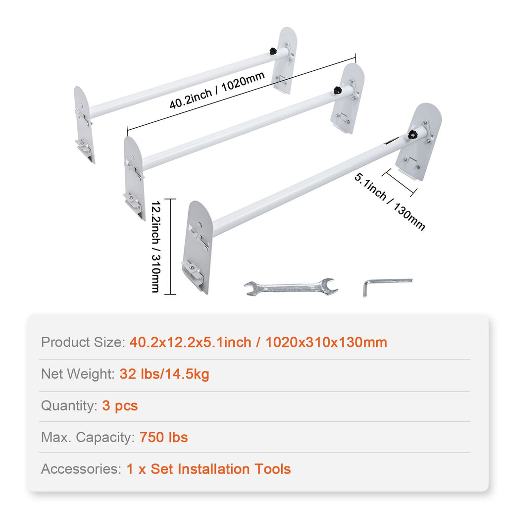 Van Roof Ladder Rack, 3 Bars Alloy Steel Roof Racks, 750 LBS Capacity Rain-Gutter Roof Rack, Adjustable Length 40.2" to 74.8", Van Ladder Rack Compatible with Chevrolet Express, GMC Savana, etc