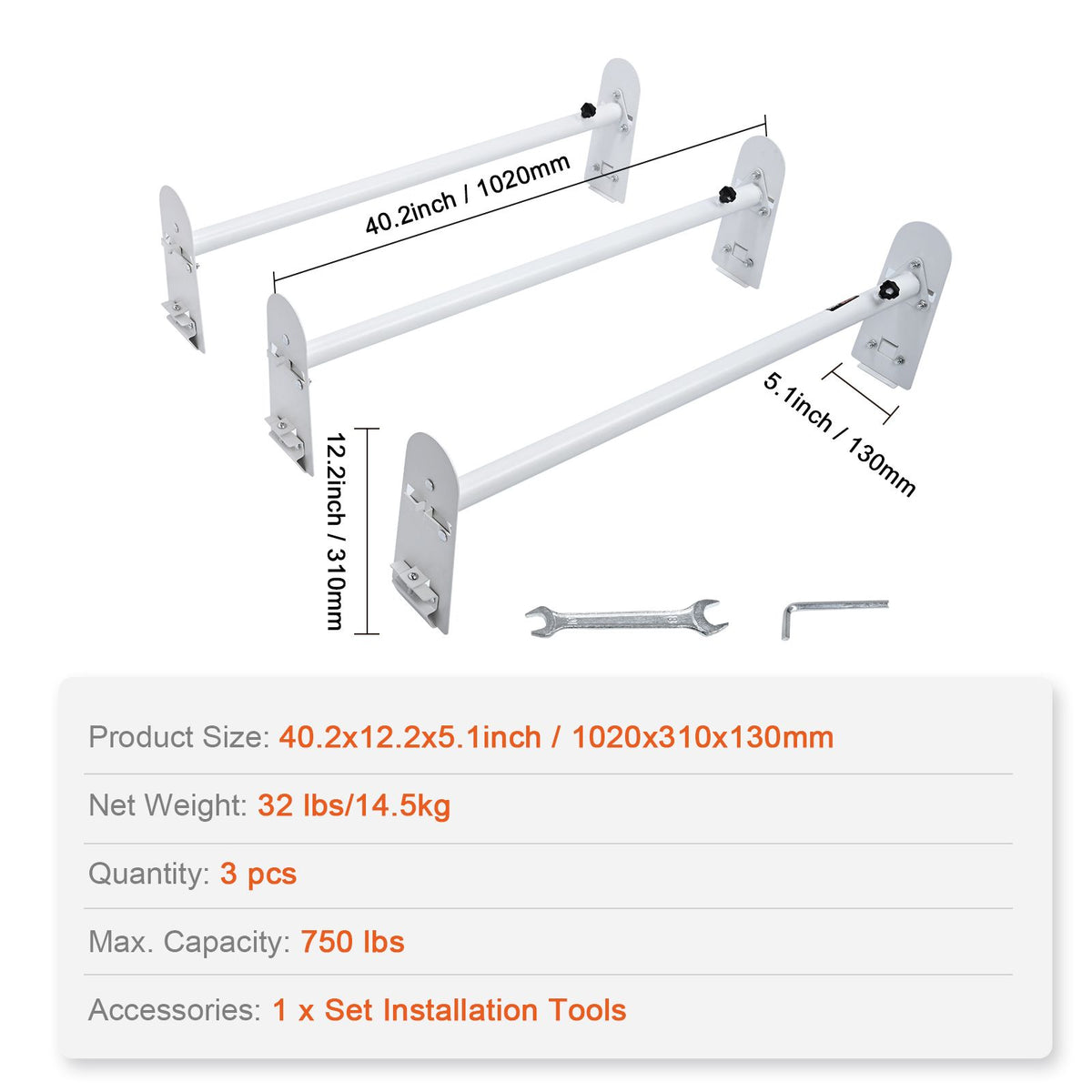Van Roof Ladder Rack, 3 Bars Alloy Steel Roof Racks, 750 LBS Capacity Rain-Gutter Roof Rack, Adjustable Length 40.2" to 74.8", Van Ladder Rack Compatible with Chevrolet Express, GMC Savana, etc