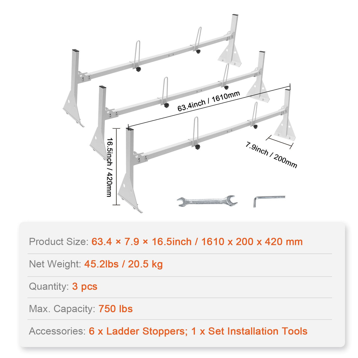 3-Bar Van Roof Ladder Rack Adjustable 56.3"-61.4" for Full-Size Vans