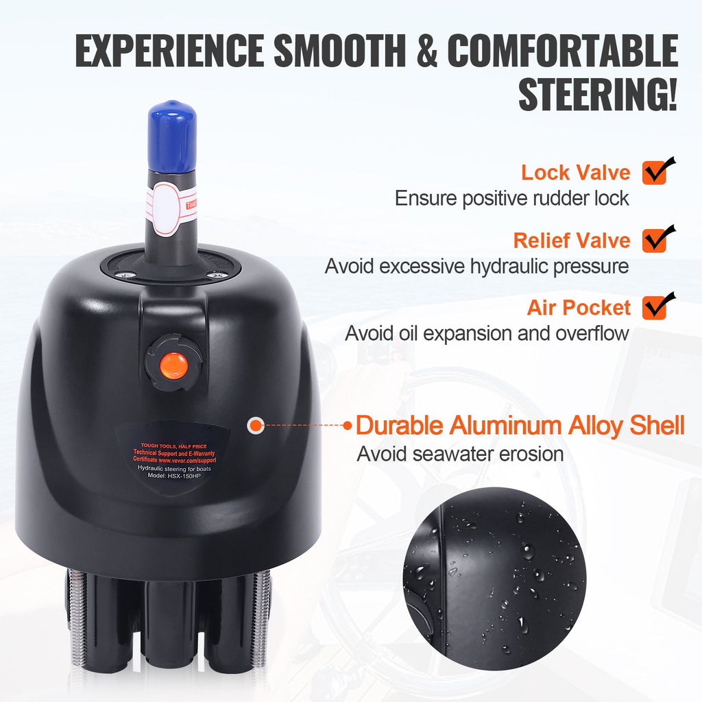 Hydraulic Outboard Steering Pump, 1.4 Cubic Inches, 150HP Front Mount Hydraulic Helm Pump with Two-Way Lock Cylinder Stainless Steel ORB Fittings, for Single Station Single-Engine Boats