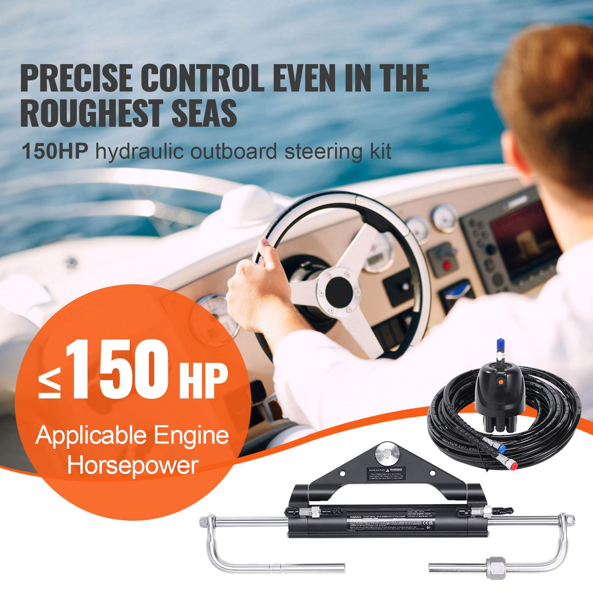 150HP Hydraulic Outboard Steering Kit Boat Marine System, Built-in Two-Way Lock Cylinder, 150HP Pump and High-Strength Nylon Hose for Single Station, Single-Engine use