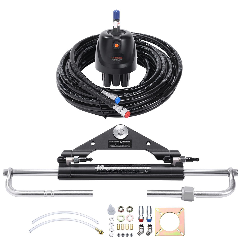 Hydraulic Outboard Steering Kit, 150HP, Marine Boat Hydraulic Steering System, with Helm Pump Two-Way Lock Cylinder and 24 Feet Hydraulic Steering Hose, for Single Station Single-Engine Boats