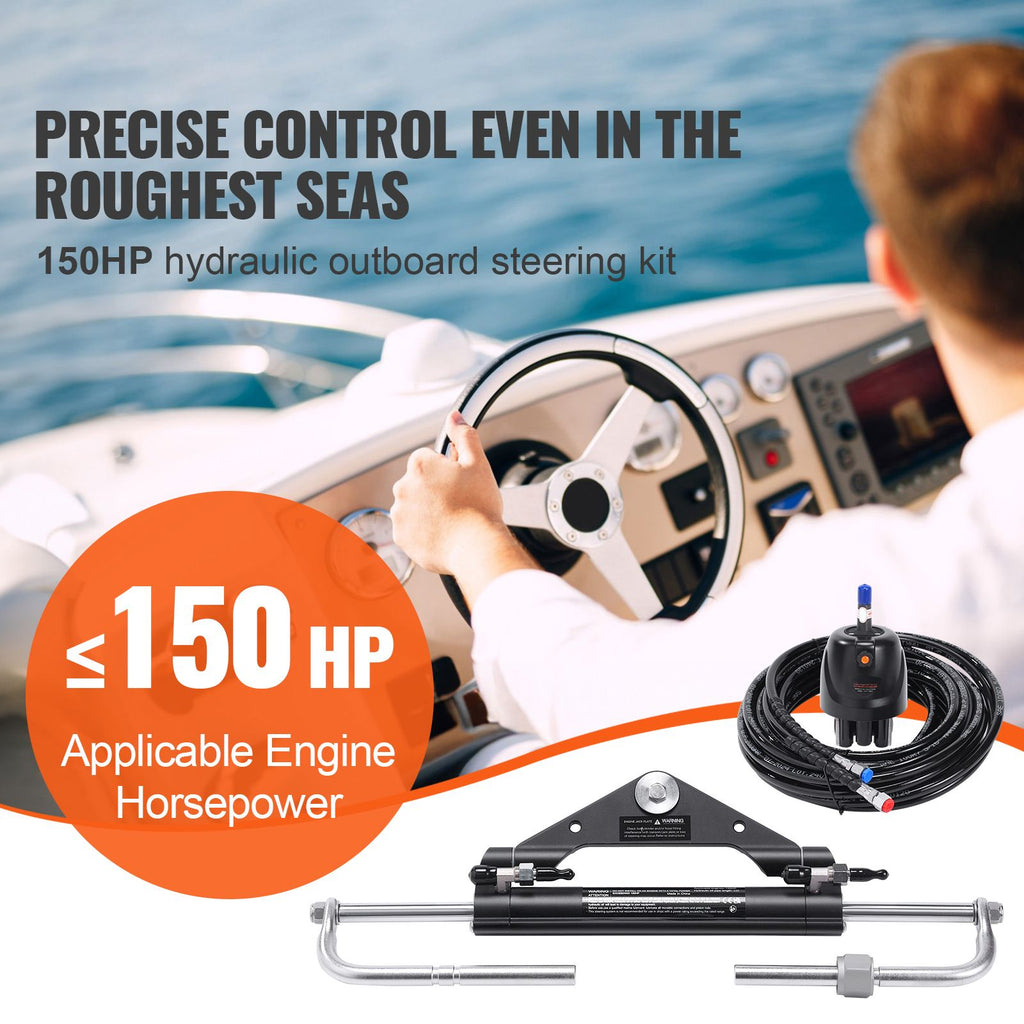 Hydraulic Outboard Steering Kit, 150HP, Marine Boat Hydraulic Steering System, with Helm Pump Two-Way Lock Cylinder and 24 Feet Hydraulic Steering Hose, for Single Station Single-Engine Boats