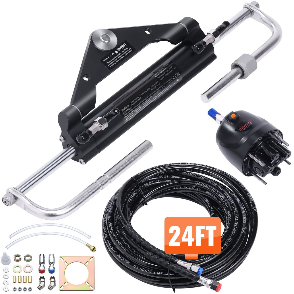 Hydraulic Outboard Steering Kit, 150HP, Marine Boat Hydraulic Steering System, with Helm Pump Two-Way Lock Cylinder and 24 Feet Hydraulic Steering Hose, for Single Station Single-Engine Boats