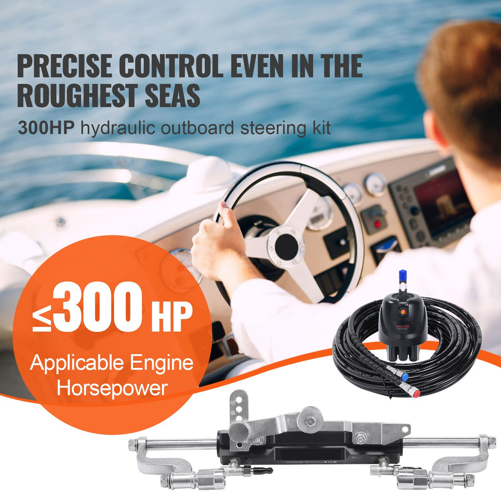 Hydraulic Outboard Steering Kit, 300HP, Marine Boat Hydraulic Steering System, with Helm Pump Two-Way Lock Cylinder and 26 Feet Hydraulic Steering Hose, for Single Station Single-Engine Boats