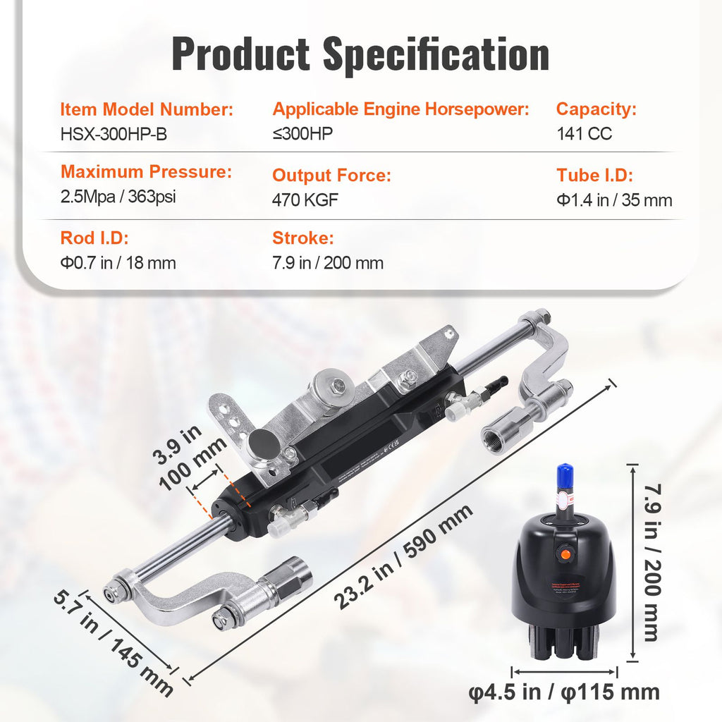 Hydraulic Outboard Steering Kit, 300HP, Marine Boat Hydraulic Steering System, with Helm Pump Two-Way Lock Cylinder and 26 Feet Hydraulic Steering Hose, for Single Station Single-Engine Boats