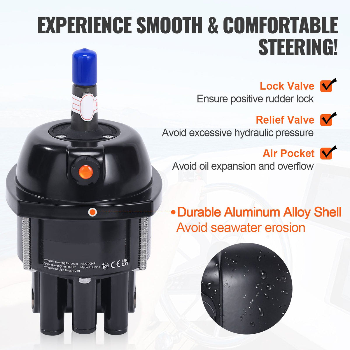 Hydraulic Outboard Steering Kit, 90HP, Marine Boat Hydraulic Steering System, with Helm Pump Two-Way Lock Cylinder and 24 Feet Hydraulic Steering Hose, for Single Station Single-Engine Boats