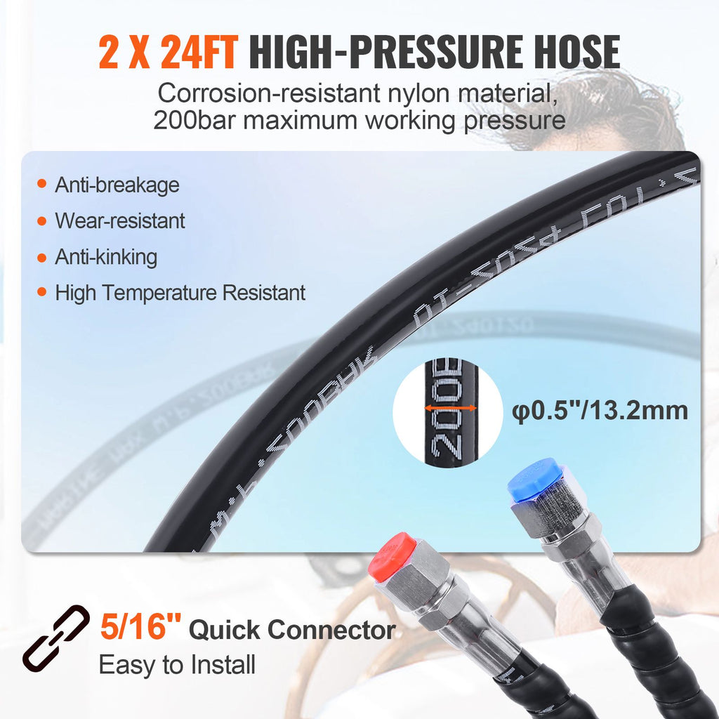 Hydraulic Outboard Steering Kit, 90HP, Marine Boat Hydraulic Steering System, with Helm Pump Two-Way Lock Cylinder and 24 Feet Hydraulic Steering Hose, for Single Station Single-Engine Boats