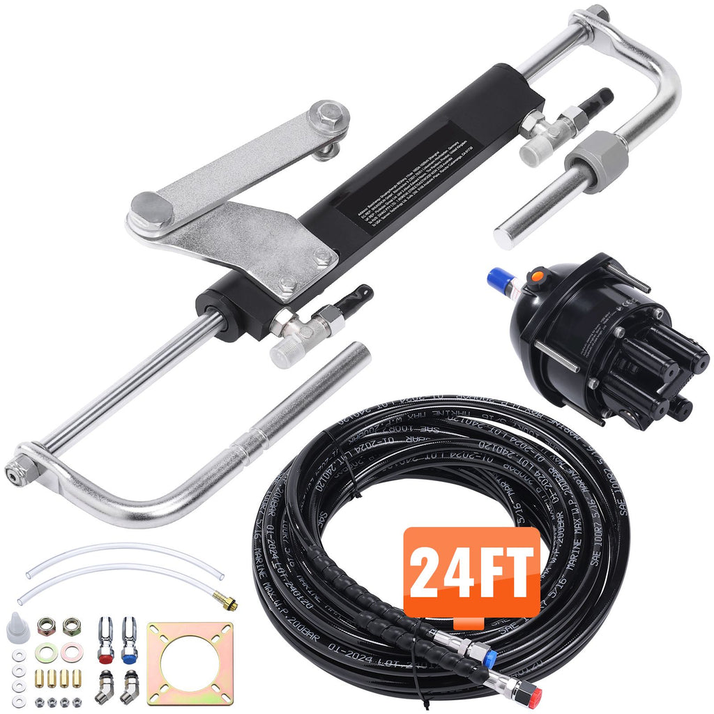 Hydraulic Outboard Steering Kit, 90HP, Marine Boat Hydraulic Steering System, with Helm Pump Two-Way Lock Cylinder and 24 Feet Hydraulic Steering Hose, for Single Station Single-Engine Boats