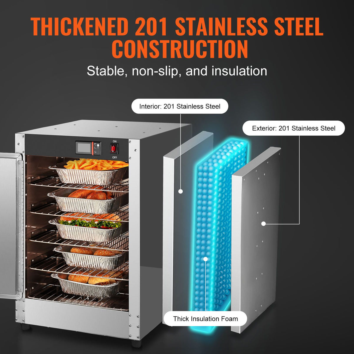 Hot Box Food Warmer, 5-Tier Concession Warmer with Water Tray, 5 Pans, Single-door and Adjustable Shelves, Stainless Steel Food Warmer Cabinet, Ideal for Storing Pizza, Chicken, Restaurant