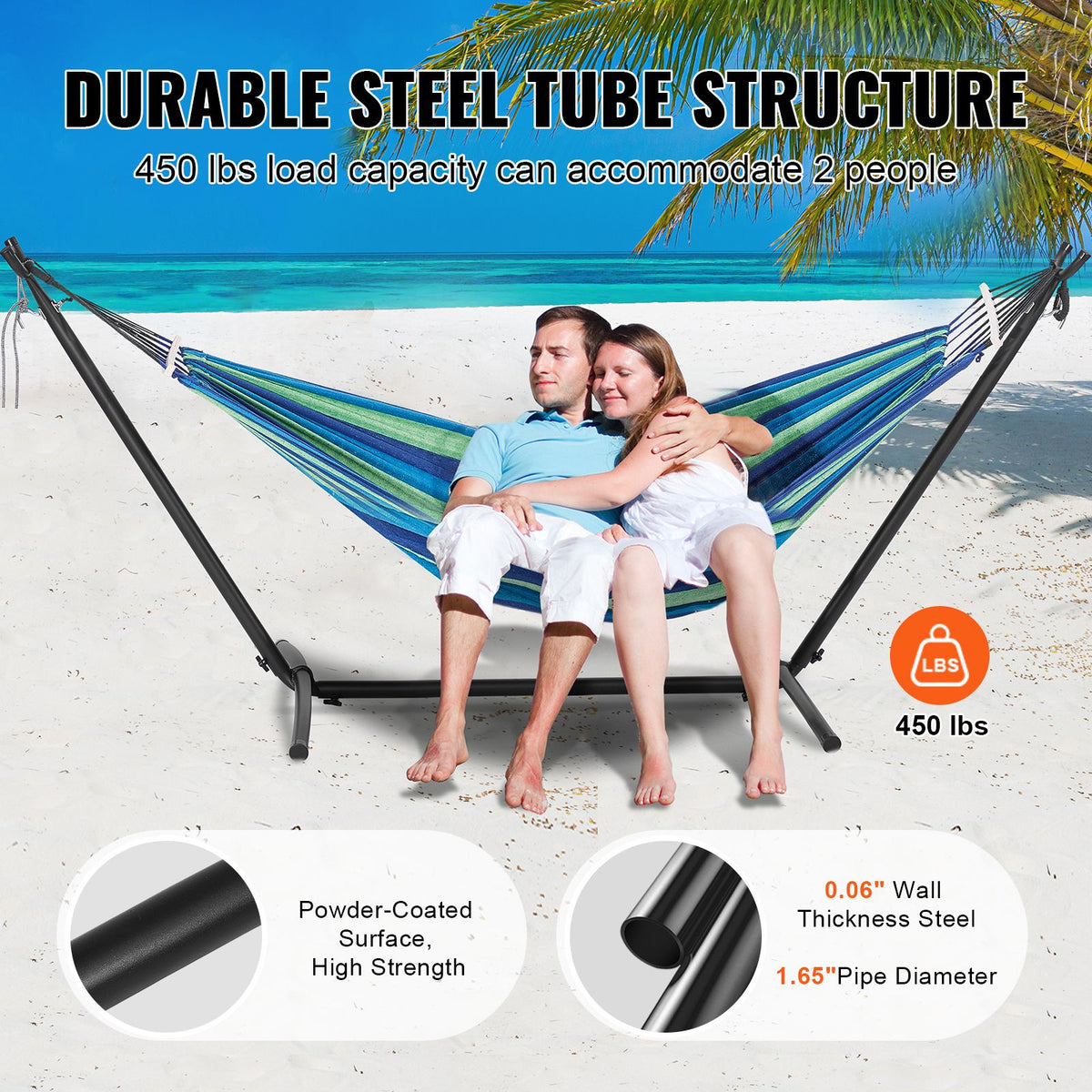 Portable Hammock Stand, 450lbs Capacity Steel Hammock Stand for 2 Person, Heavy Duty Adjustable Hooks Hammock Frame Fits 10-13 ft Hammocks, Space Saving with Carrying Bag for Outdoor or Indoor