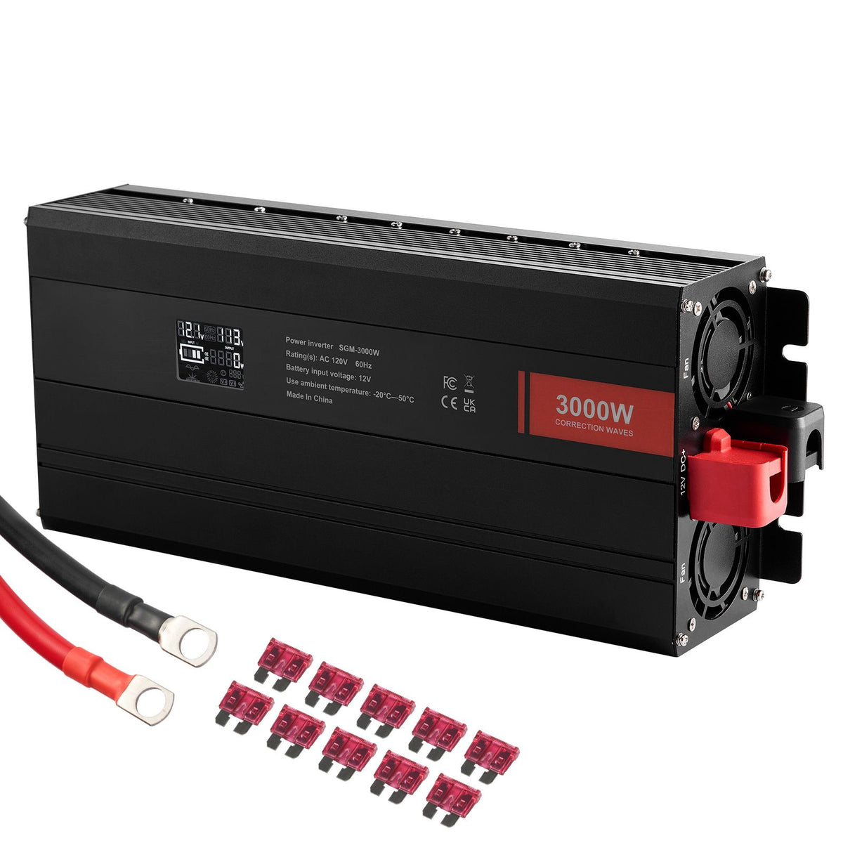 Modified Sine Wave Inverter, 3000Watt, DC 12V to AC 230V LCD Display Power Inverter with 3 AC Outlets 2 USB Port 1 Type-C Port 10 Spare Fuses, for Large Household Equipment, CE FCC Certified