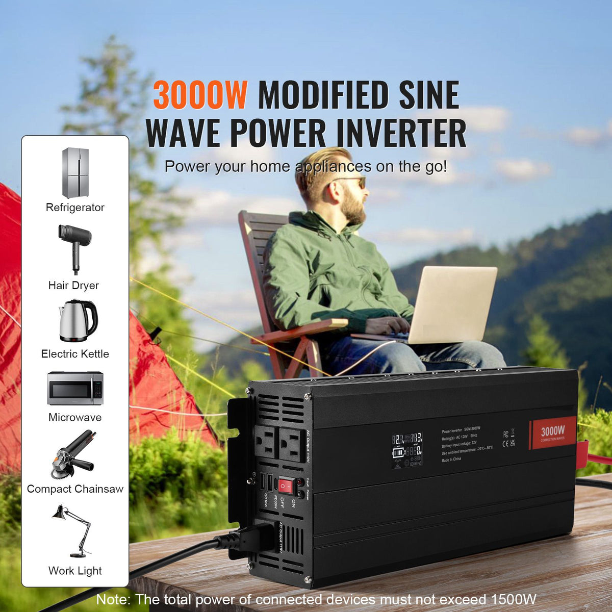 Modified Sine Wave Inverter, 3000Watt, DC 12V to AC 230V LCD Display Power Inverter with 3 AC Outlets 2 USB Port 1 Type-C Port 10 Spare Fuses, for Large Household Equipment, CE FCC Certified