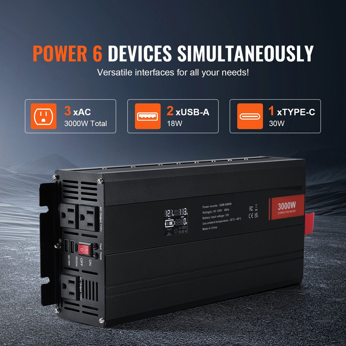 Modified Sine Wave Inverter, 3000Watt, DC 12V to AC 230V LCD Display Power Inverter with 3 AC Outlets 2 USB Port 1 Type-C Port 10 Spare Fuses, for Large Household Equipment, CE FCC Certified