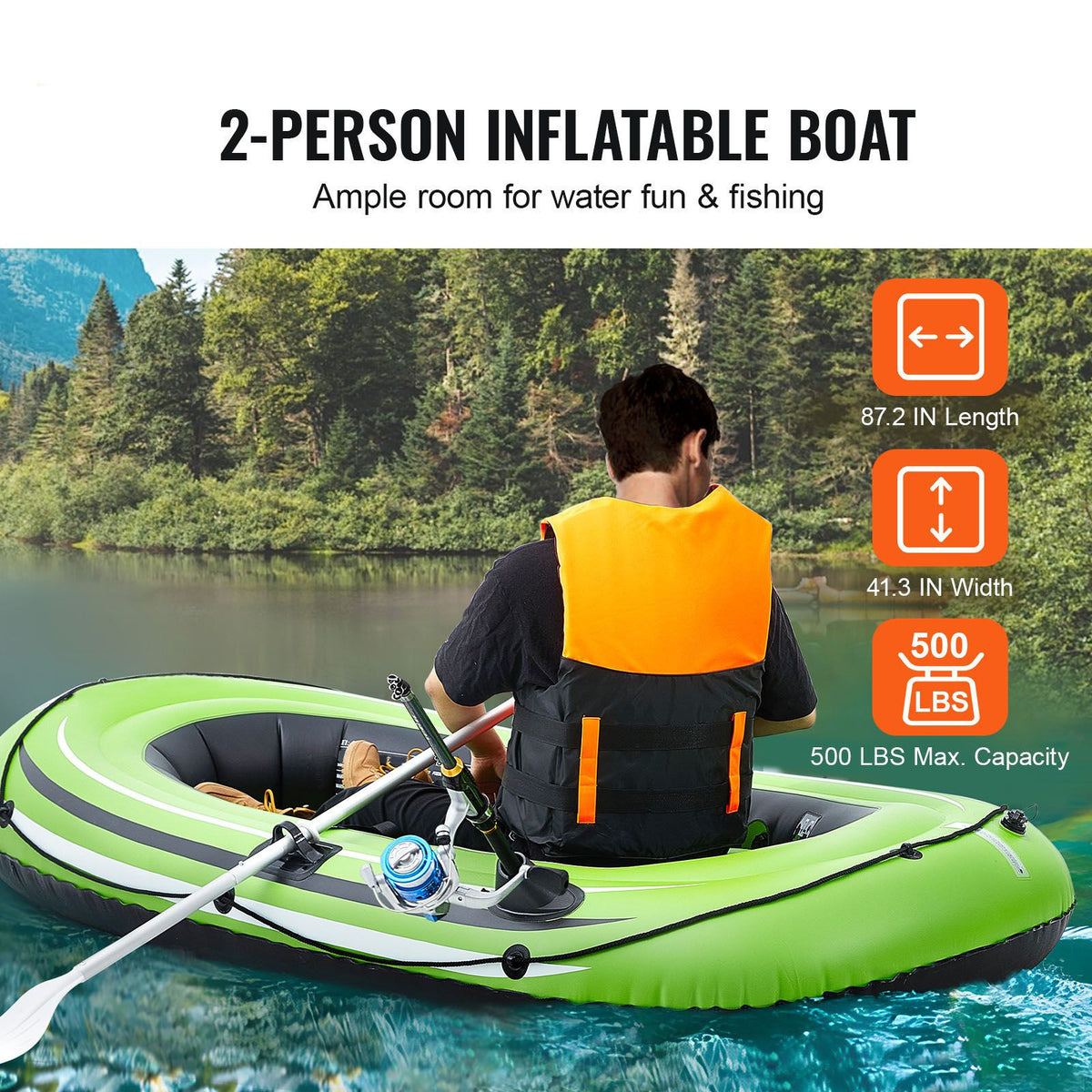 Inflatable Boat, 2-Person Inflatable Fishing Boat, Strong PVC Portable Boat Raft Kayak, Includes 1158 mm Aluminum Oars, High-Output Pump and Fishing Rod Holders, 227 kg Capacity for Adults, Kids