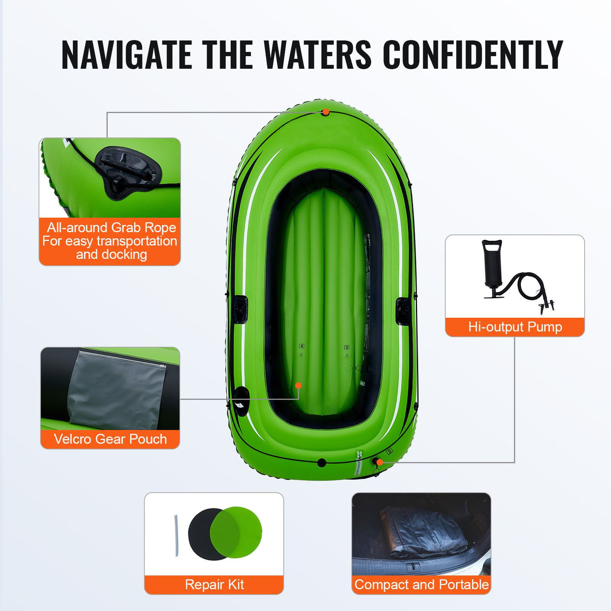 Inflatable Boat, 2-Person Inflatable Fishing Boat, Strong PVC Portable Boat Raft Kayak, Includes 1158 mm Aluminum Oars, High-Output Pump and Fishing Rod Holders, 227 kg Capacity for Adults, Kids
