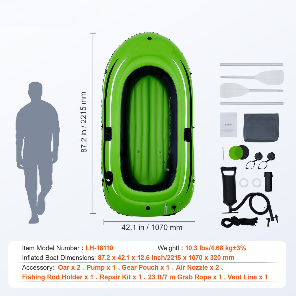 Inflatable Boat, 2-Person Inflatable Fishing Boat, Strong PVC Portable Boat Raft Kayak, Includes 1158 mm Aluminum Oars, High-Output Pump and Fishing Rod Holders, 227 kg Capacity for Adults, Kids