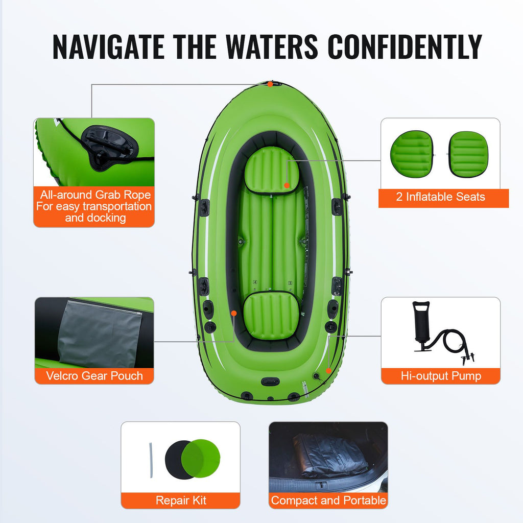 Inflatable Boat, 4-Person Inflatable Fishing Boat, Strong PVC Portable Boat Raft Kayak, 1158mm Aluminum Oars, High-Output Pump, Fishing Rod Holders, and 2 Seats, 1100 lb Capacity for Adults Kids