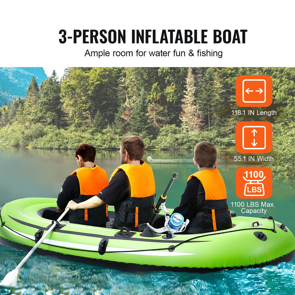 Inflatable Boat, 5-Person Inflatable Fishing Boat, PVC Portable Boat Raft Kayak, 1158 mm Aluminum Oars, High-Output Pump, Fishing Rod Holders, and 2 Seats, 1100 lb Capacity for Adults, Kids
