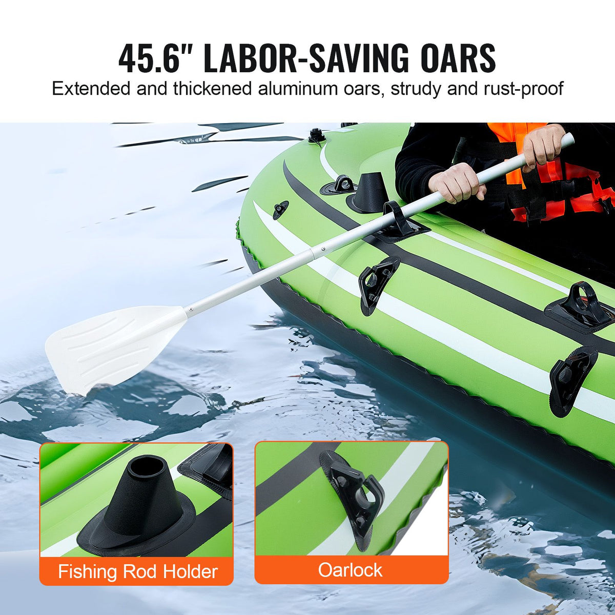 Inflatable Boat, 5-Person Inflatable Fishing Boat, PVC Portable Boat Raft Kayak, 1158 mm Aluminum Oars, High-Output Pump, Fishing Rod Holders, and 2 Seats, 1100 lb Capacity for Adults, Kids