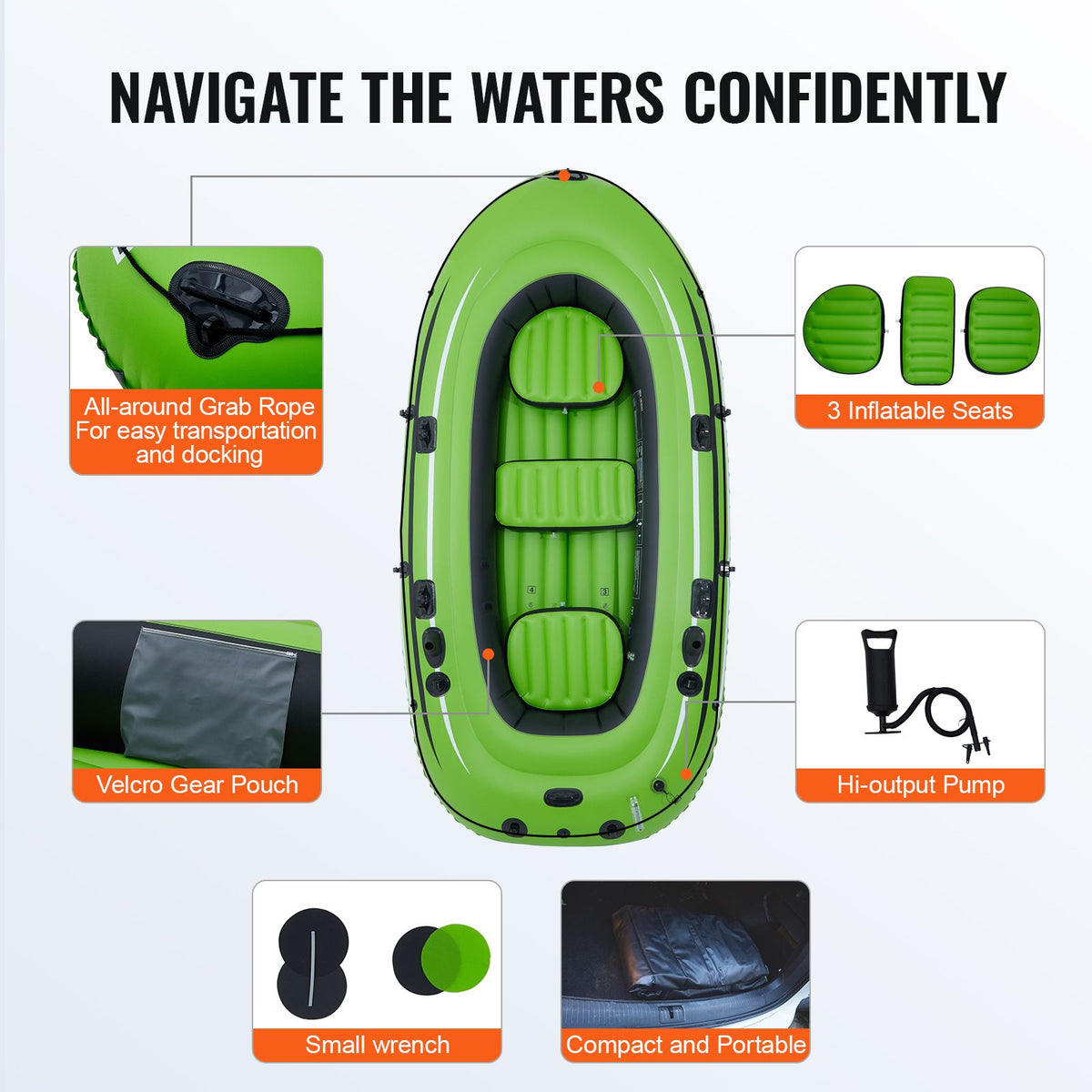 Inflatable Boat, 5-Person Inflatable Fishing Boat, PVC Portable Boat Raft Kayak, 1158 mm Aluminum Oars, High-Output Pump, Fishing Rod Holders, and 2 Seats, 1100 lb Capacity for Adults, Kids