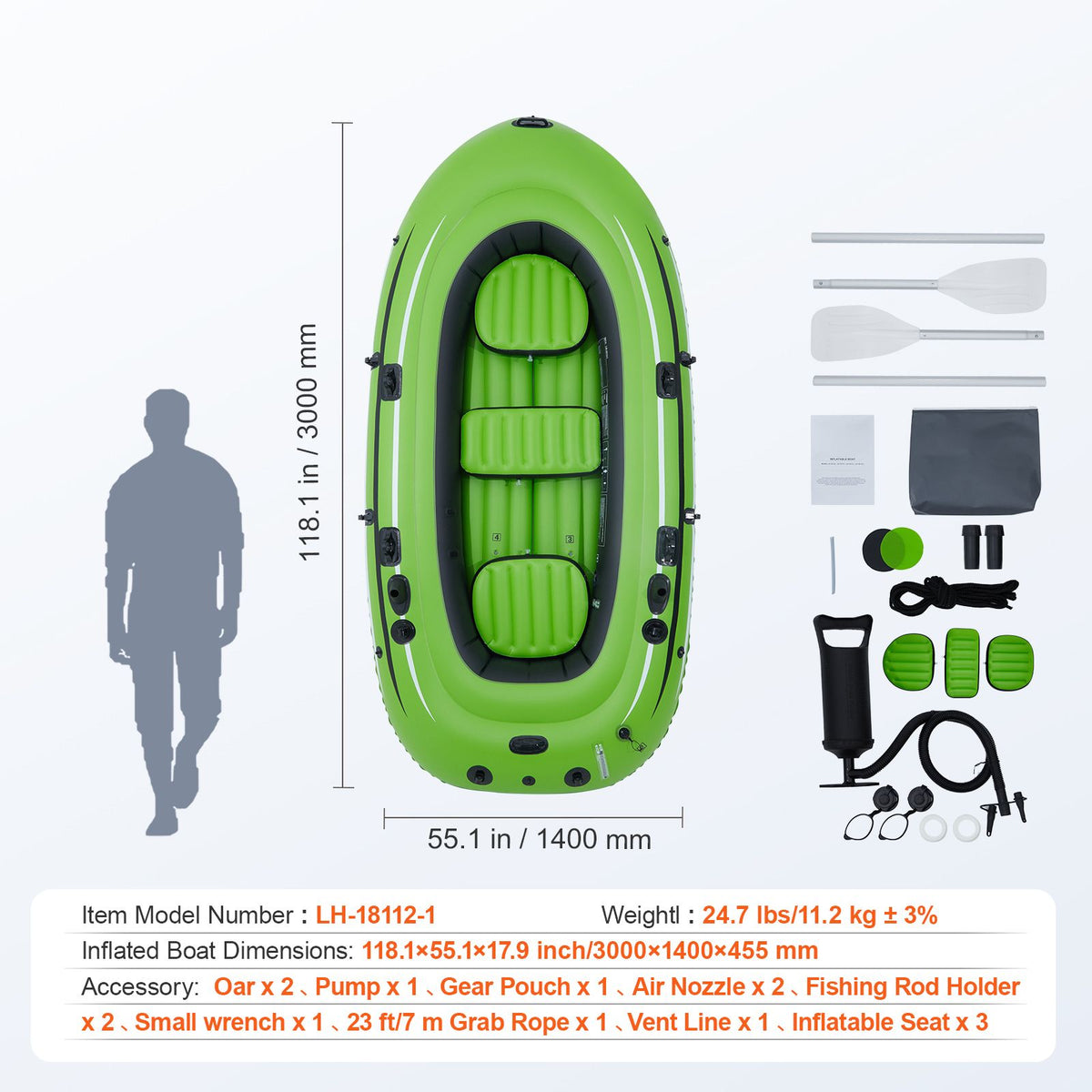Inflatable Boat, 5-Person Inflatable Fishing Boat, PVC Portable Boat Raft Kayak, 1158 mm Aluminum Oars, High-Output Pump, Fishing Rod Holders, and 2 Seats, 1100 lb Capacity for Adults, Kids