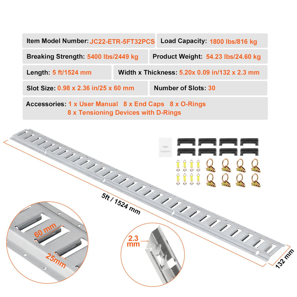 E Track Tie-Down Rail Kit, 24PCS 1524 mm E-Tracks Set Includes 8 Steel Rails & 8 O-Rings & 8 Tie-Offs with D-Ring, Versatile Trailer Securing Accessories for Cargo Motorcycles Bikes, 816 kg Load
