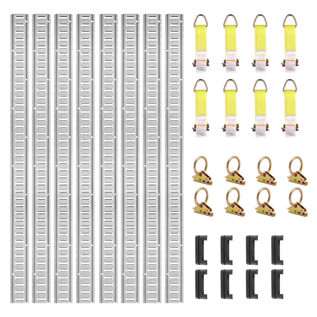 E Track Tie-Down Rail Kit, 24PCS 1524 mm E-Tracks Set Includes 8 Steel Rails & 8 O-Rings & 8 Tie-Offs with D-Ring, Versatile Trailer Securing Accessories for Cargo Motorcycles Bikes, 816 kg Load