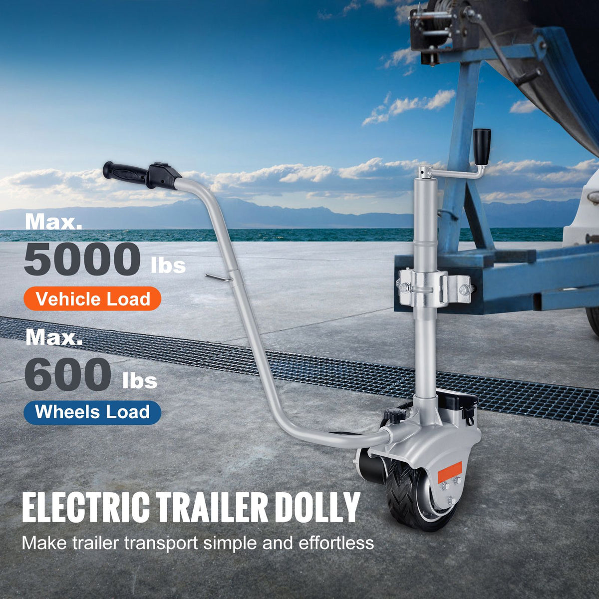 Electric Trailer Dolly, 5000lbs Towing Capacity, 350W 12V Trailer Jockey Wheel with 22 ft/min Moving Speed, 12''-24.8'' Adjustable Clamp Height & 8'' Rubber Tire, for Moving Trailer Caravan Boat