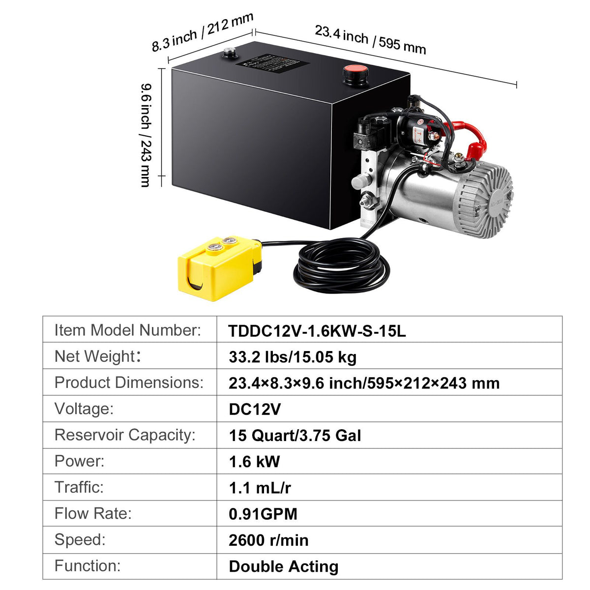 Hydraulic Pump 15 Quart Double Acting Dump Trailer Pump Power Unit DC 12V