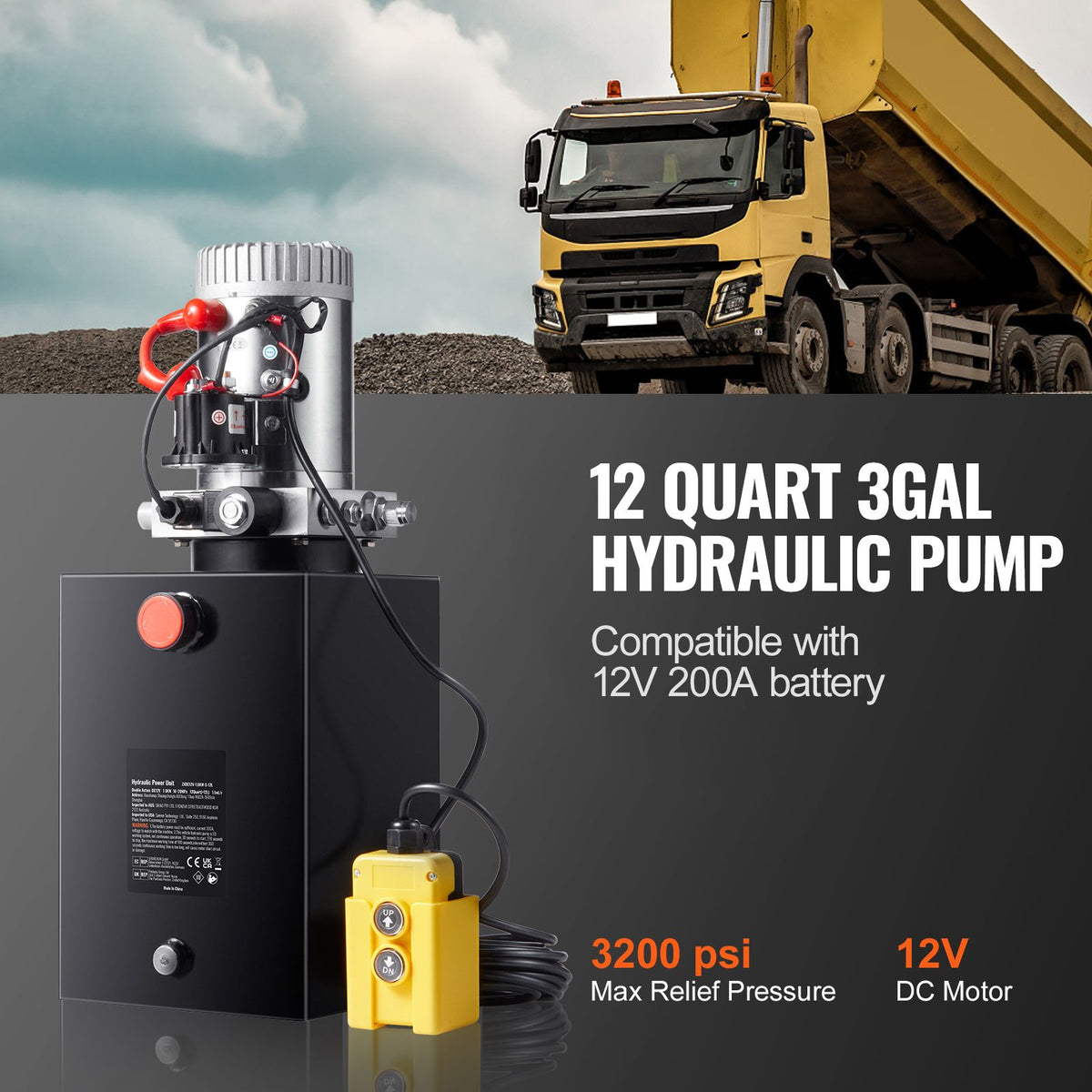 Hydraulic Pump, 12 Quart Hydraulic Power Unit, Single Acting Dump Trailer Pump, 0.91 GPM Flow Rate, 3200 PSI Max Relief Pressure, DC 12V Hydraulic Pump for Dump Trailer Car Lifting