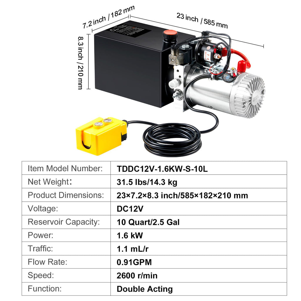 Hydraulic Pump, 10 Quart Hydraulic Power Unit, Double Acting Dump Trailer Pump, 0.91 GPM Flow Rate, 3200 PSI Max Relief Pressure, DC 12V Hydraulic Pump for Dump Trailer Car Lifting