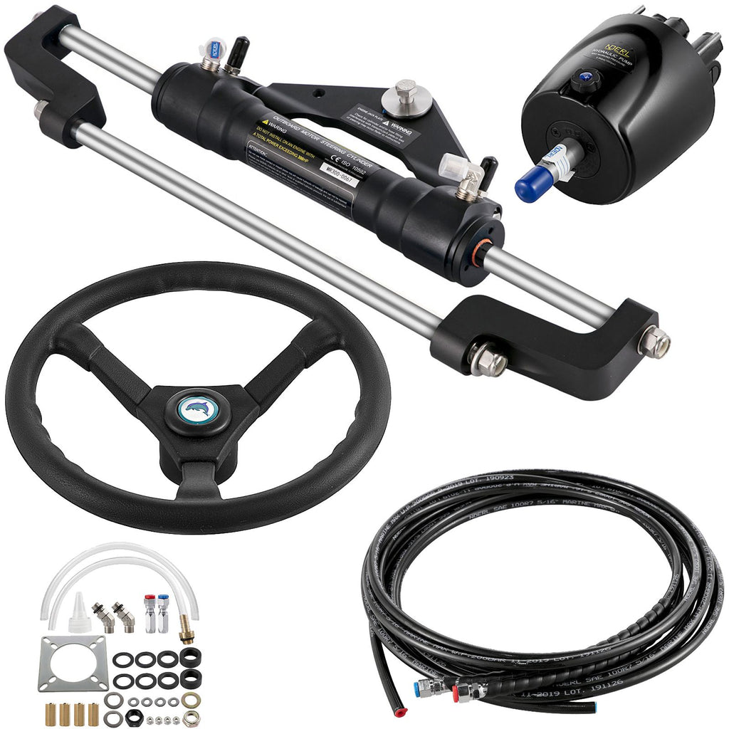 Hydraulic Boat Steering Kit, 300HP Hydraulic Steering Helm Pump, Aluminum Alloy Steering Cylinder, 13.5\" Steering Wheel with 10\" Hydraulic Steering Hose for Boat Steering System