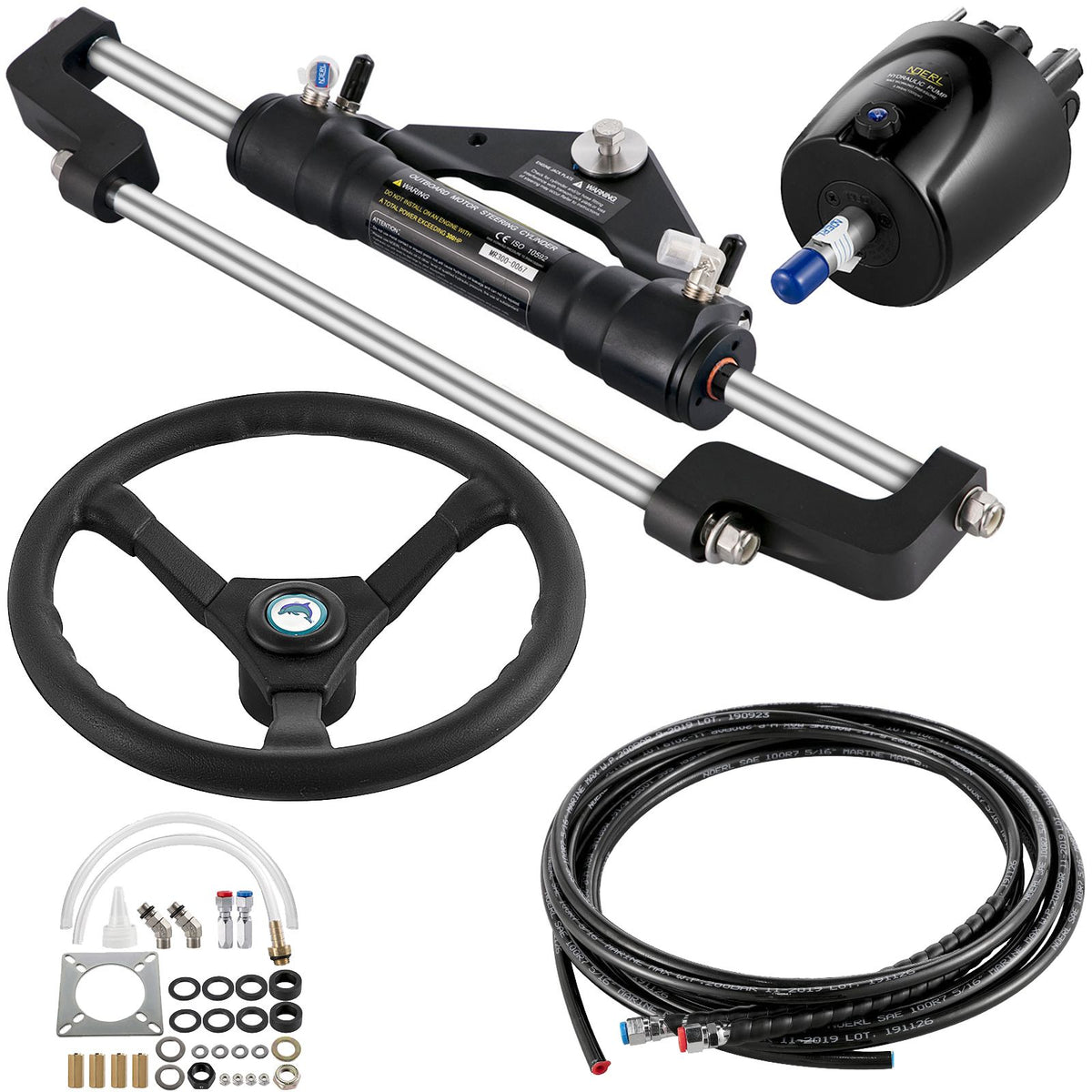 Hydraulic Boat Steering Kit, 300HP Hydraulic Steering Helm Pump, Aluminum Alloy Steering Cylinder, 13.5\" Steering Wheel with 10\" Hydraulic Steering Hose for Boat Steering System