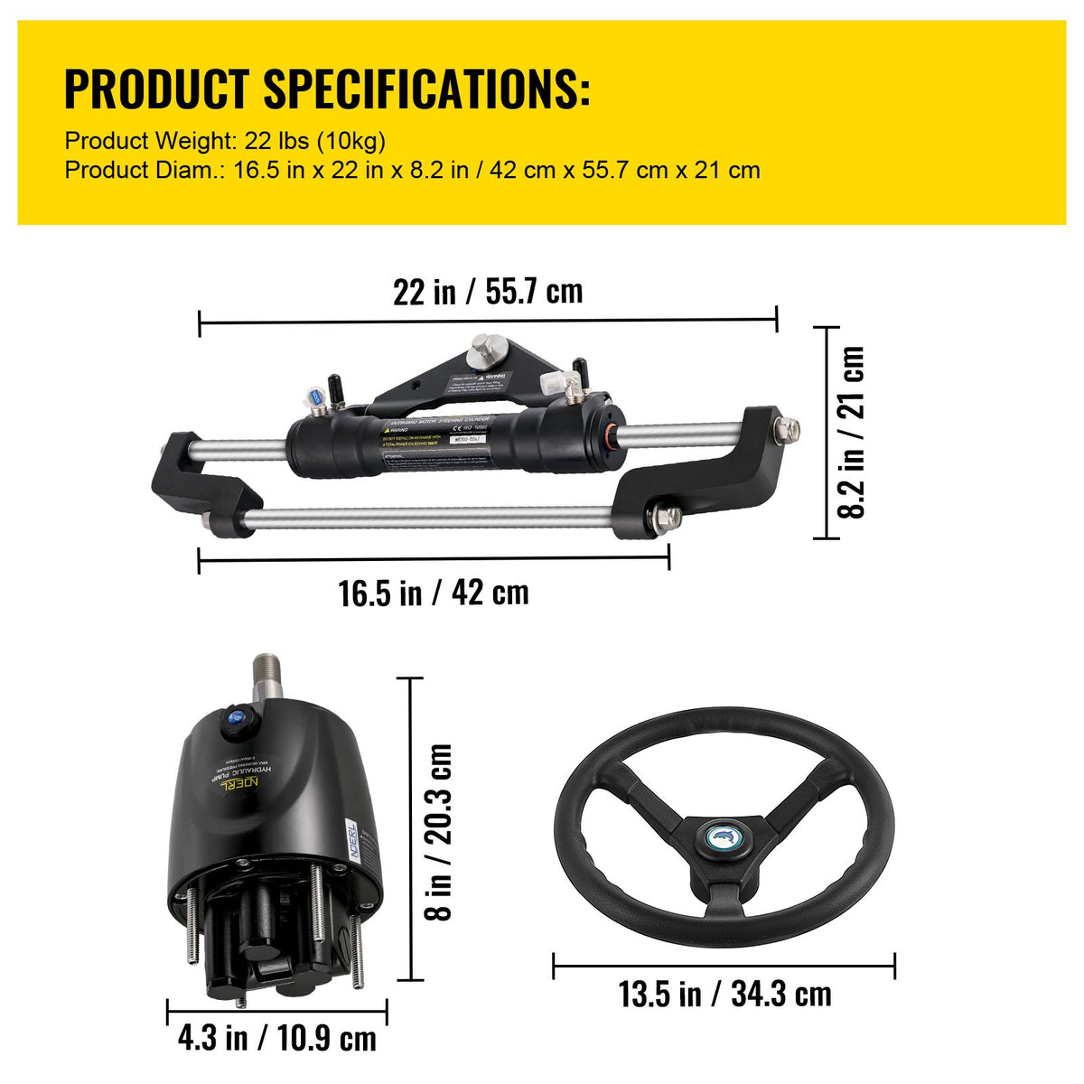 Hydraulic Boat Steering Kit, 300HP Hydraulic Steering Helm Pump, Aluminum Alloy Steering Cylinder, 13.5\" Steering Wheel with 10\" Hydraulic Steering Hose for Boat Steering System