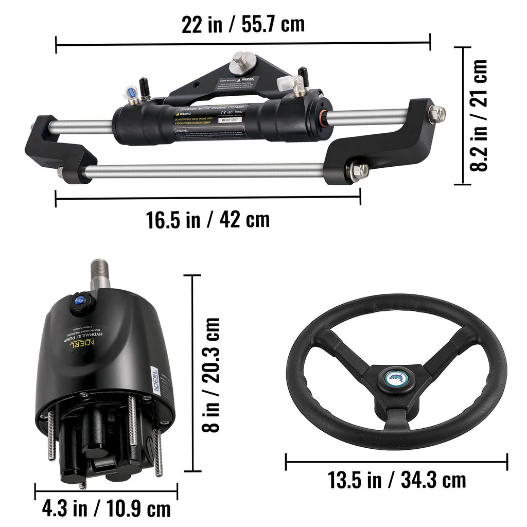 Hydraulic Boat Steering Kit, 300HP Hydraulic Steering Helm Pump, Aluminum Alloy Steering Cylinder, 13.5\" Steering Wheel with 10\" Hydraulic Steering Hose for Boat Steering System
