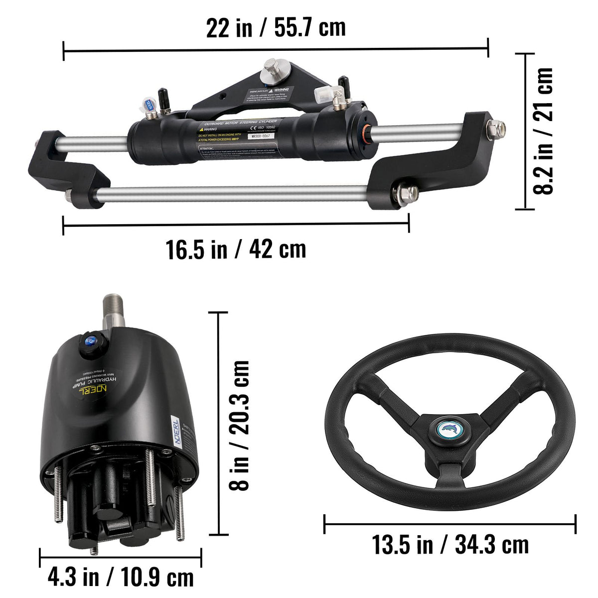 Hydraulic Boat Steering Kit, 300HP Hydraulic Steering Helm Pump, Aluminum Alloy Steering Cylinder, 13.5\" Steering Wheel with 10\" Hydraulic Steering Hose for Boat Steering System
