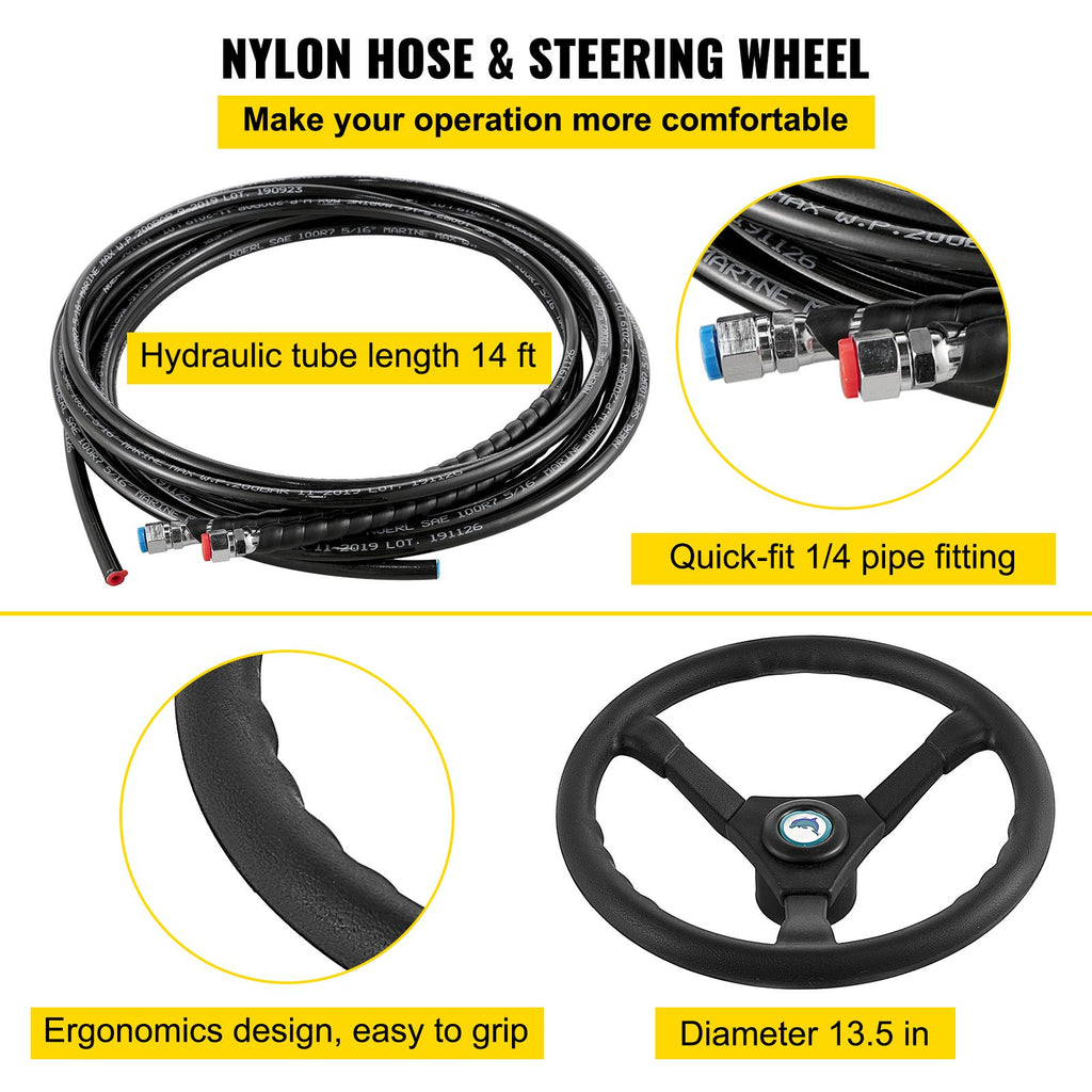 Hydraulic Boat Steering Kit, 300HP Hydraulic Steering Kit Helm Pump, Hydraulic Outboard Steeing Kit with 4267 mm Hydraulic Steering Hose for Boat Steering System