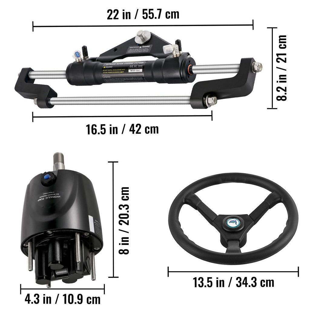 Hydraulic Boat Steering Kit, 300HP Hydraulic Steering Kit Helm Pump, Cylinder, Wheel, 24 Feet Hose Hydraulic Steering Seal Kit, Corrosion-Resistant Boat Steering System Marine Steering Kit