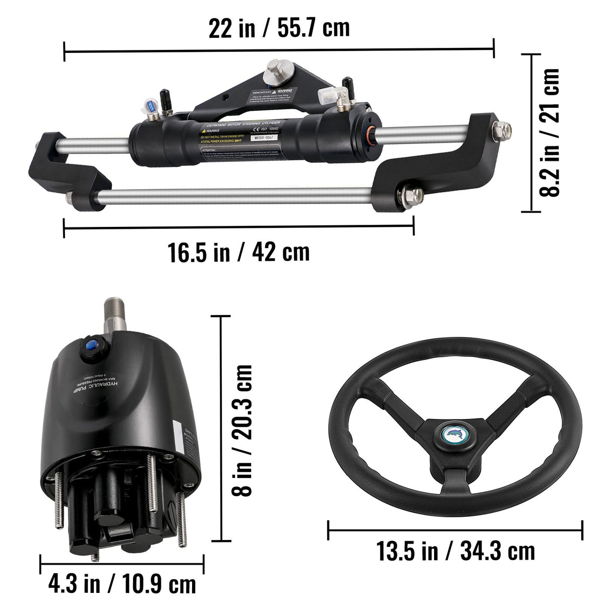 Hydraulic Boat Steering Kit, 300HP Hydraulic Steering Kit Helm Pump, Cylinder, Wheel, 24 Feet Hose Hydraulic Steering Seal Kit, Corrosion-Resistant Boat Steering System Marine Steering Kit