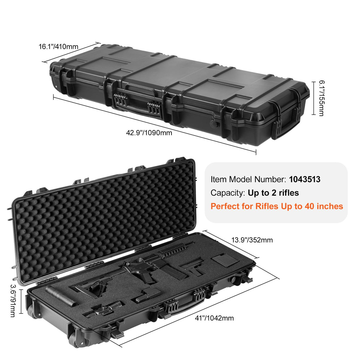 Rifle Case, Rifle Hard Case with 3 Layers Fully-protective Foams, 42 inch lockable Hard Gun Case with Wheels, IP67 Waterproof & Crushproof, for Two Rifles or Shotguns, Airsoft Gun