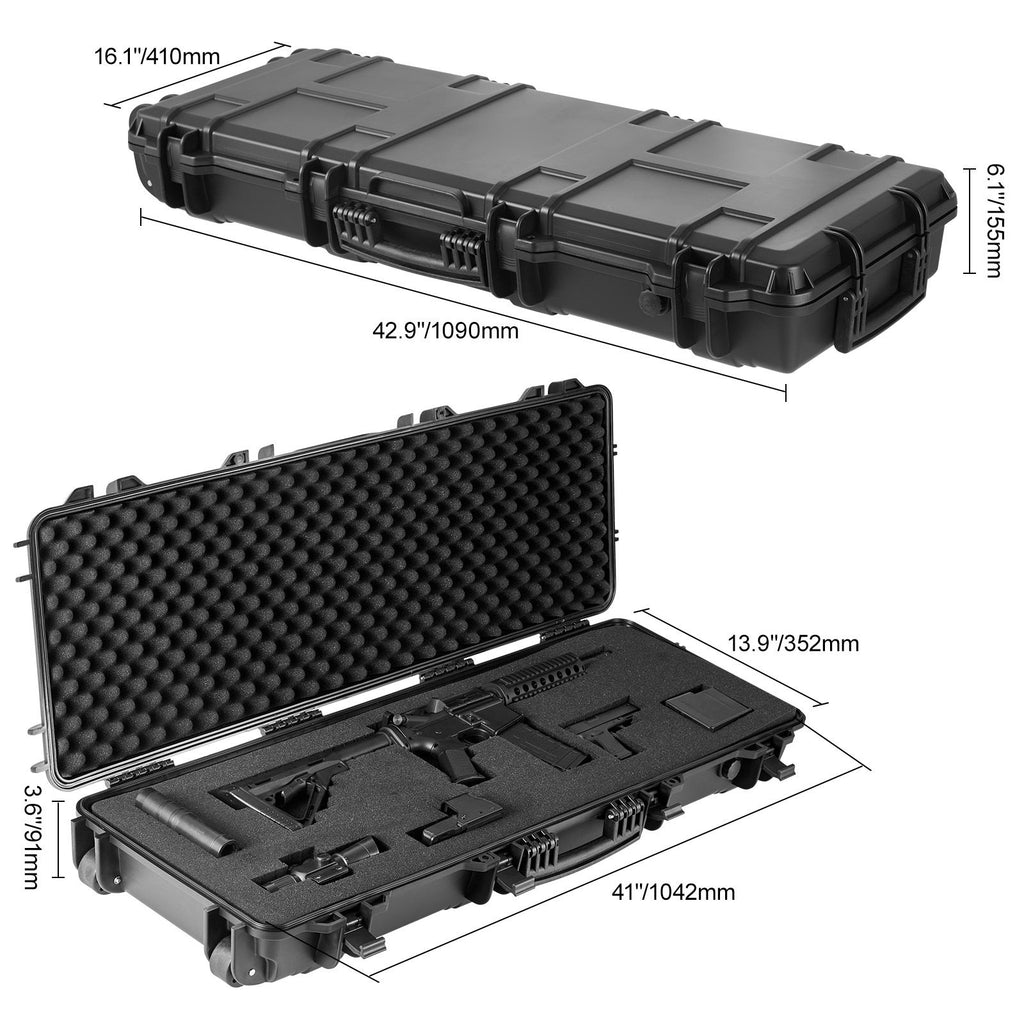 Rifle Case, Rifle Hard Case with 3 Layers Fully-protective Foams, 42 inch lockable Hard Gun Case with Wheels, IP67 Waterproof & Crushproof, for Two Rifles or Shotguns, Airsoft Gun