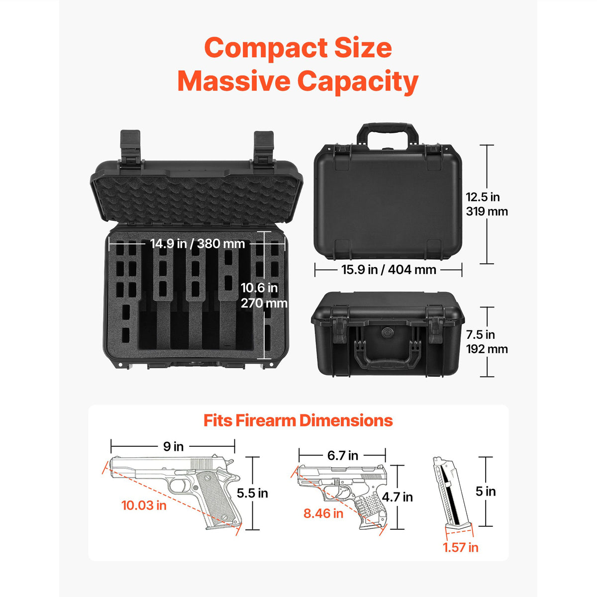 Hard Pistol Case, Heavy Duty Hard Gun Case with XPE Foam Lining, Waterproof Pistol Storage Box with Customizable Interior & Handle for Gun, Lenses, Camera, Gear, TSA Compliant, 404x319x192 mm