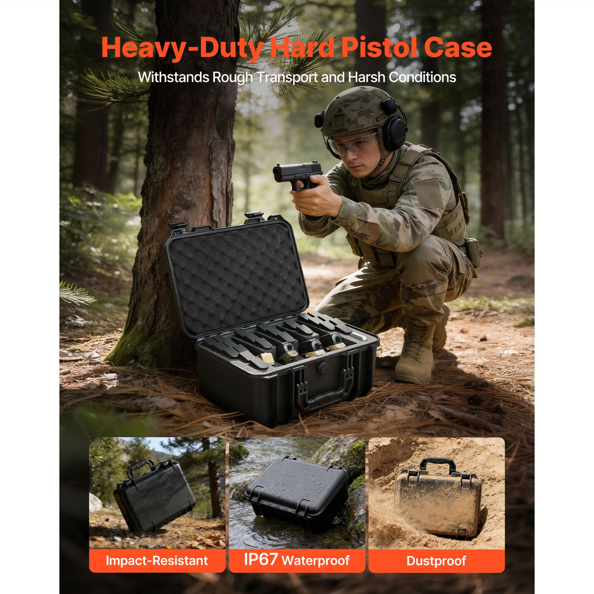 Hard Pistol Case, Heavy Duty Hard Gun Case with XPE Foam Lining, Waterproof Pistol Storage Box with Customizable Interior & Handle for Gun, Lenses, Camera, Gear, TSA Compliant, 404x319x192 mm