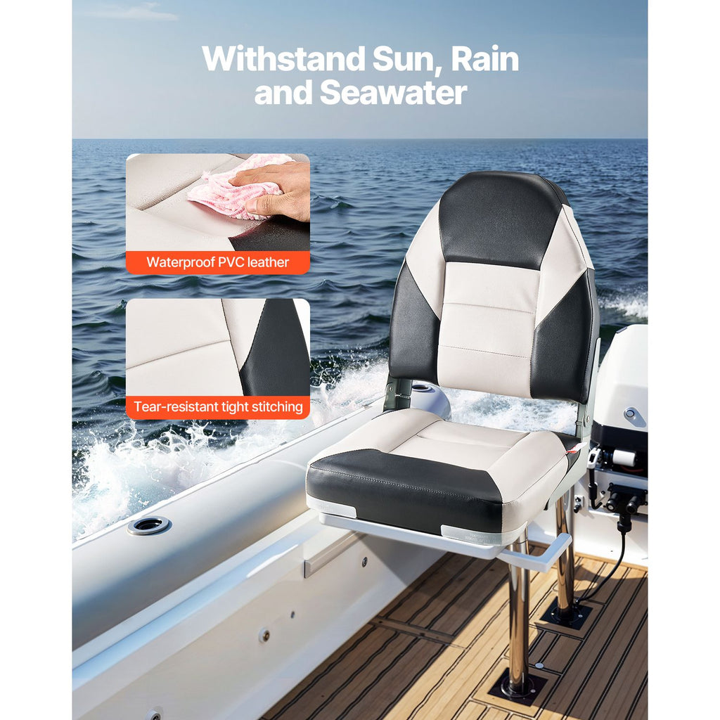 Boat Seat, High Backrest, Folding Fishing Boat Seat with Thickened Sponge Cushion & Waterproof PVC Leather, Aluminum Alloy Hinges, Flip Up Boat Seat for Boats, Yachts, Ships, Black & Grey