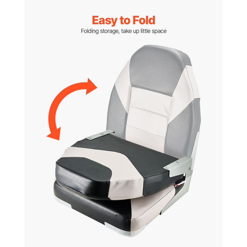 Boat Seat, High Backrest, Folding Fishing Boat Seat with Thickened Sponge Cushion & Waterproof PVC Leather, Aluminum Alloy Hinges, Flip Up Boat Seat for Boats, Yachts, Ships, Black & Grey