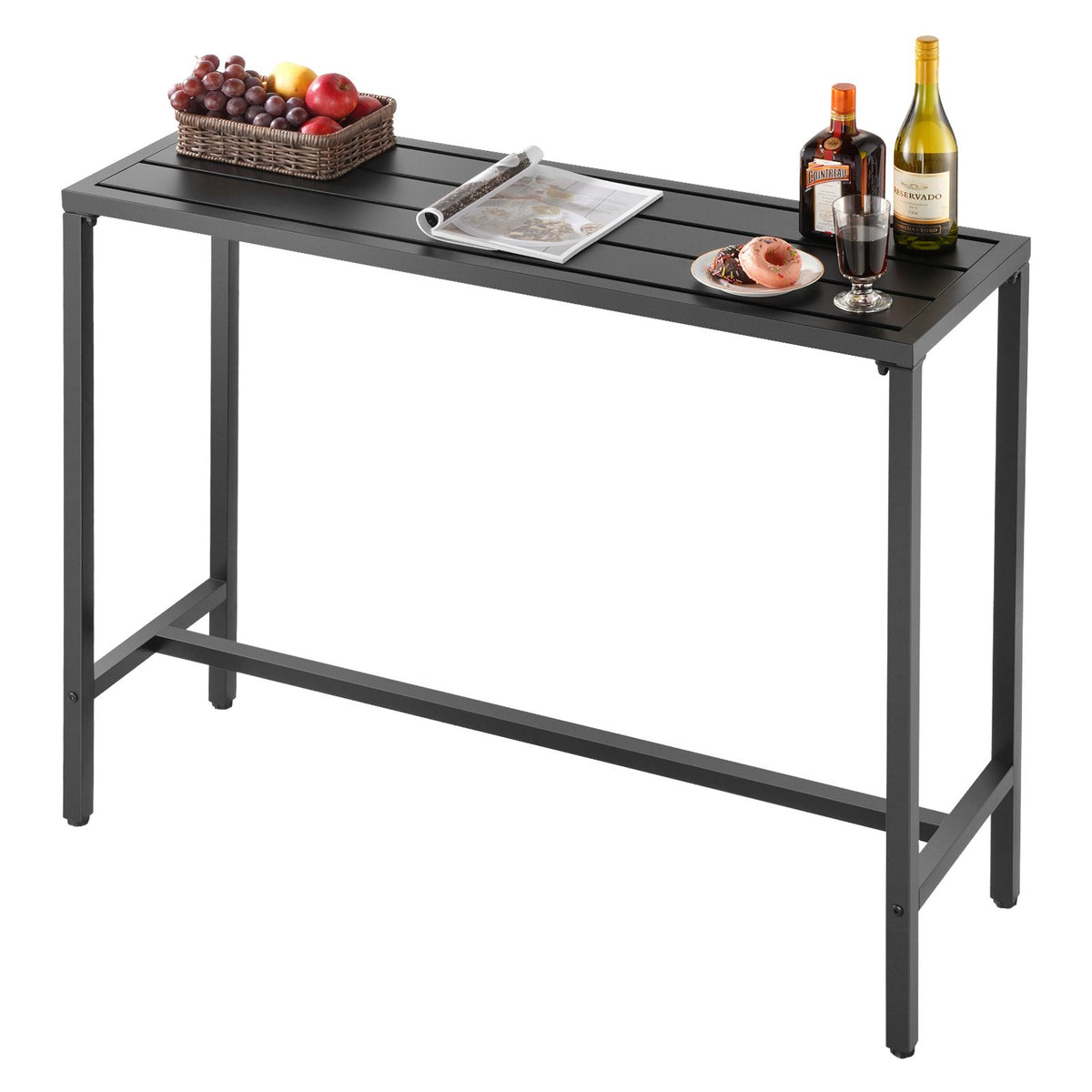 Outdoor Bar Table, 120 x 37.5 cm Patio Bar Table, Waterproof Top & Sturdy Metal Frame, Rectangle Counter Height Dining Tables, Outdoor Furniture for Balcony, Yard, Hot Tub, Poolside, Indoor